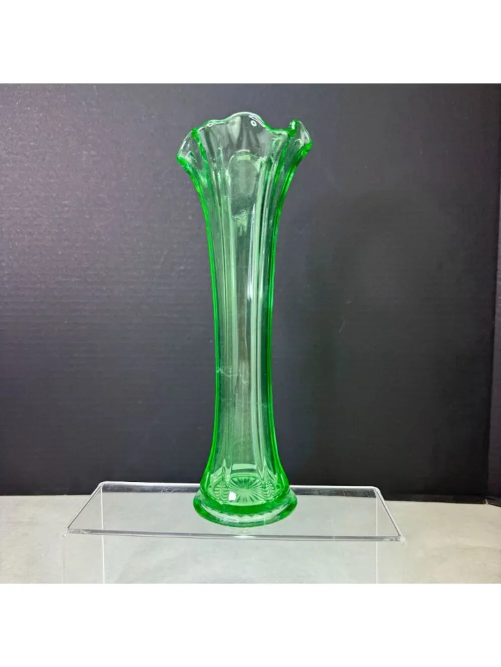 Vintage Uranium Green Glow Glass Ruffle Top Ribbed Vase 10 Inch